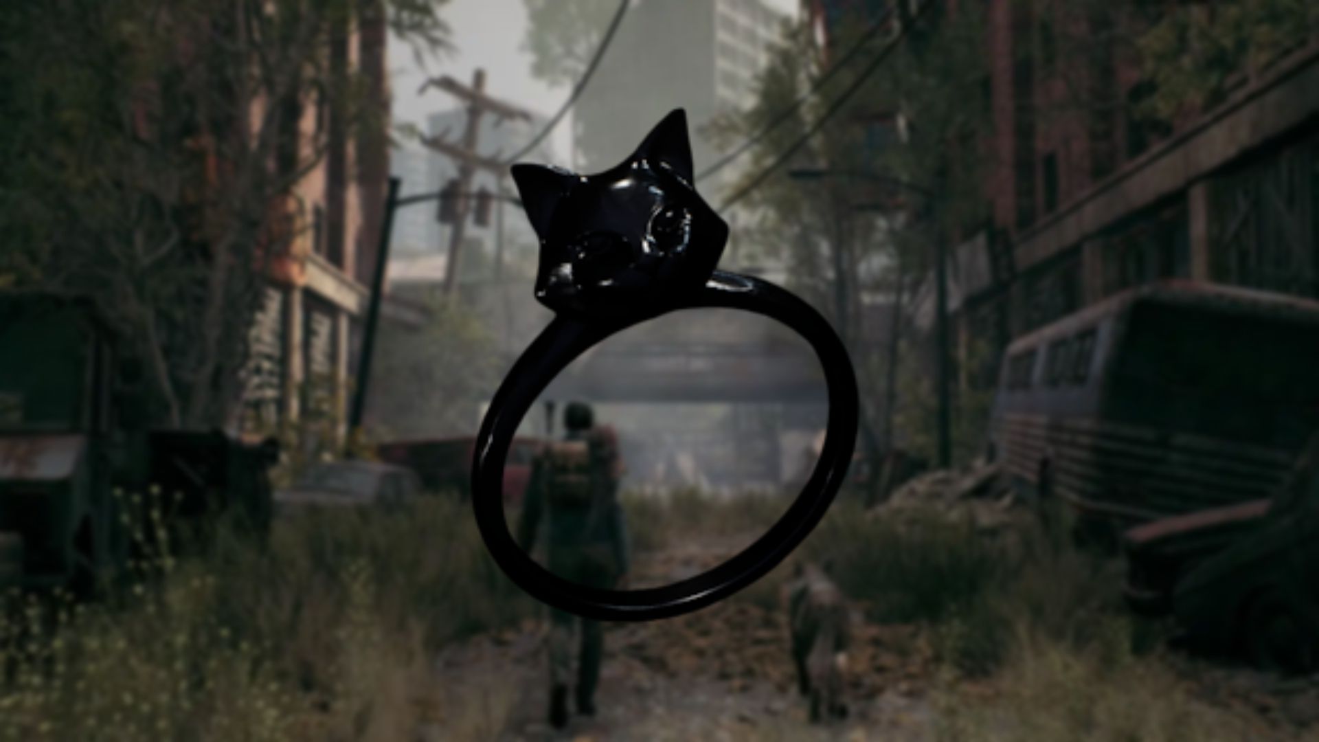 A render of Black Cat Band, a thin black ring with a black cat&rsquo;s head center, set against a blurred background of the Handler and their dog exploring the ruined world.