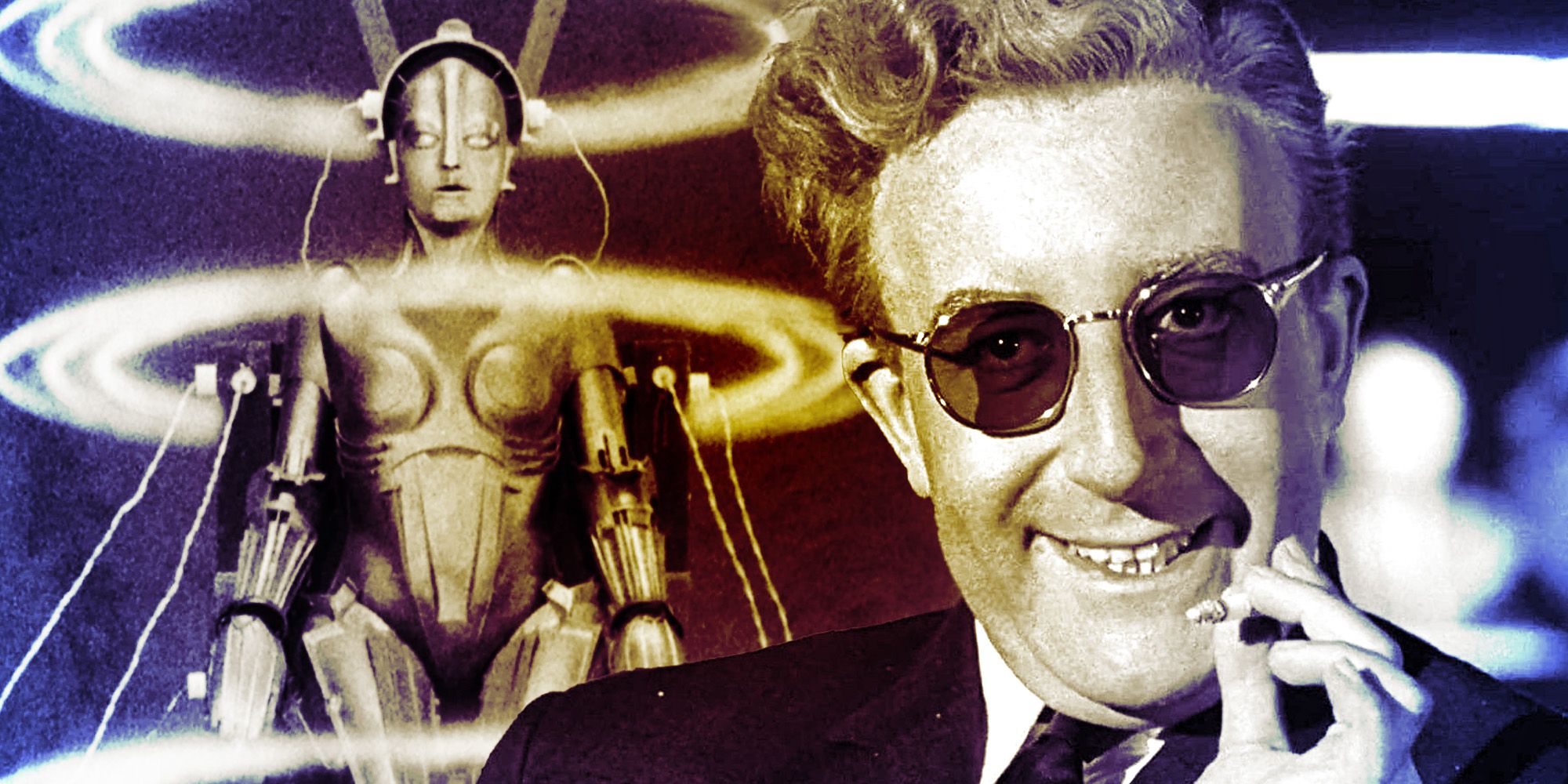 Collage of the robot from Metropolis and the title character from Dr. Strangelove.