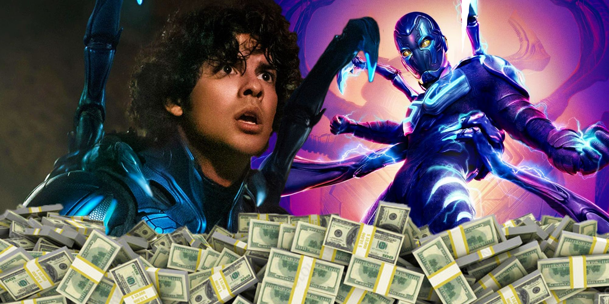 Xolo Meriduena as Blue Beetle next to the film's poster with a stack of dollar bills