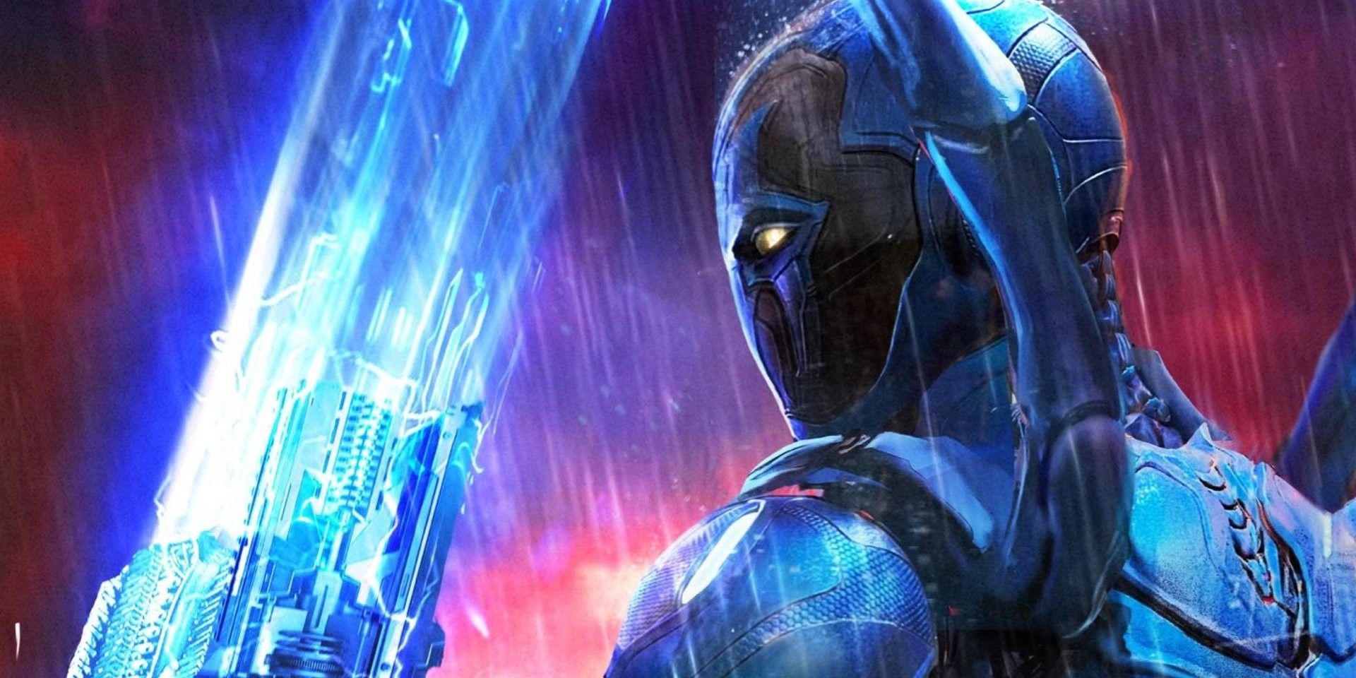 Shot of Blue Beetle from the back, with his energy sword out and rain falling.
