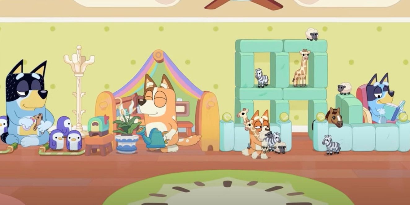 Bandit, Chilli, Bingo e Bluey relaxando na sala de jogos