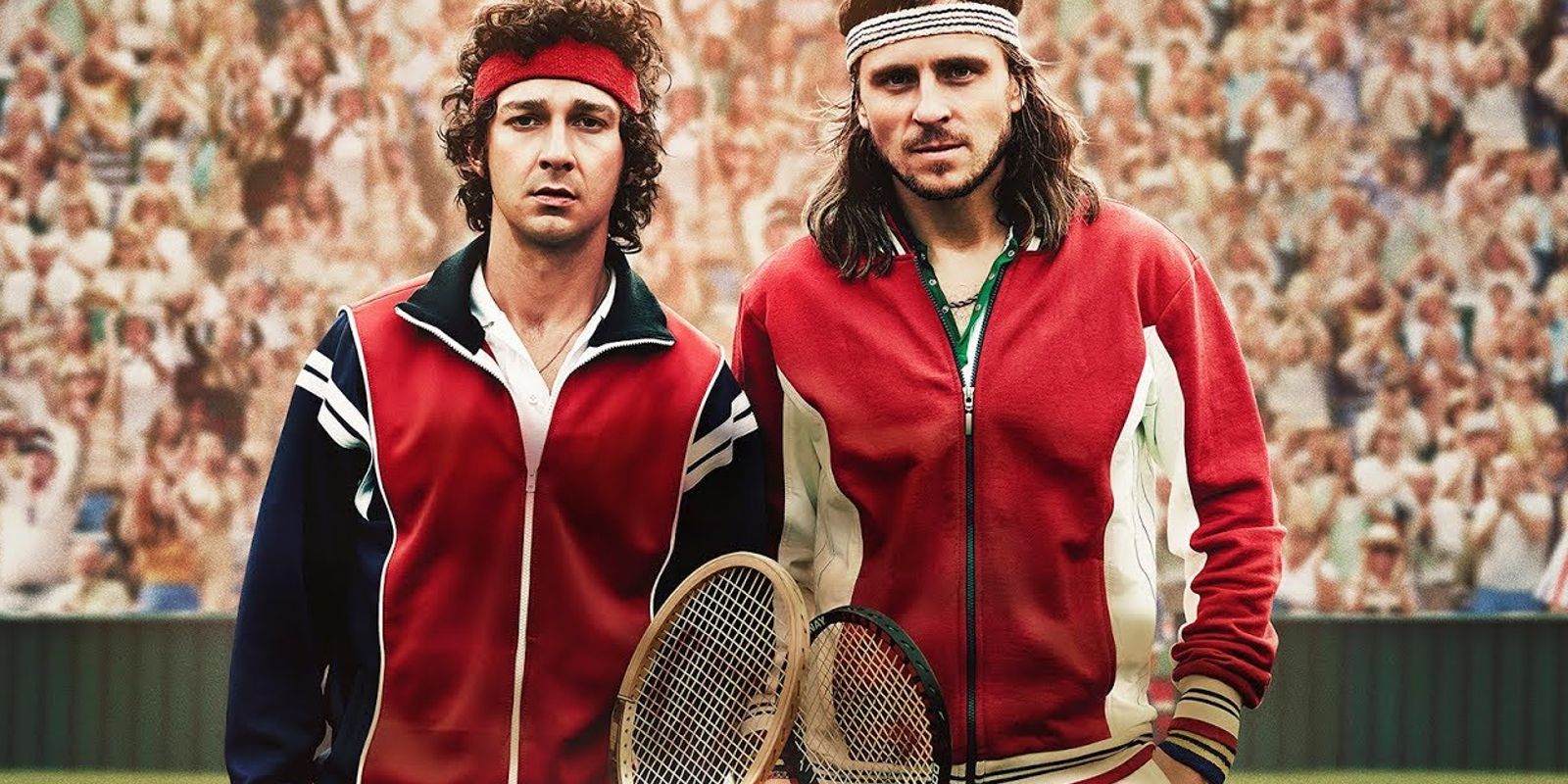 John McEnroe and Bjorn Borg stand on the tennis court in front of a full audience.