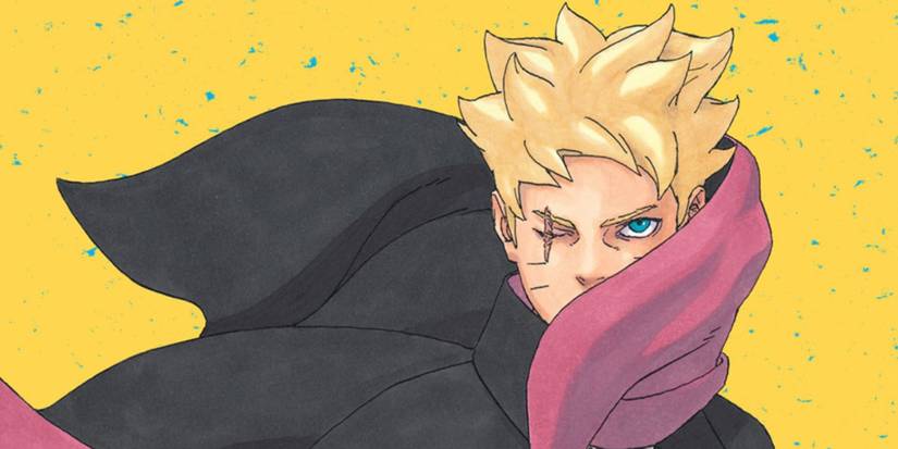 Manga panel from Boruto Two Blue Vortex chapter 1 shows a colored double page spread of Boruto standing with his cape blowing in the wind and obstructing part of his face. A yellow background with blue specks behind him. He's glaring towards the viewer with his one blue eye.