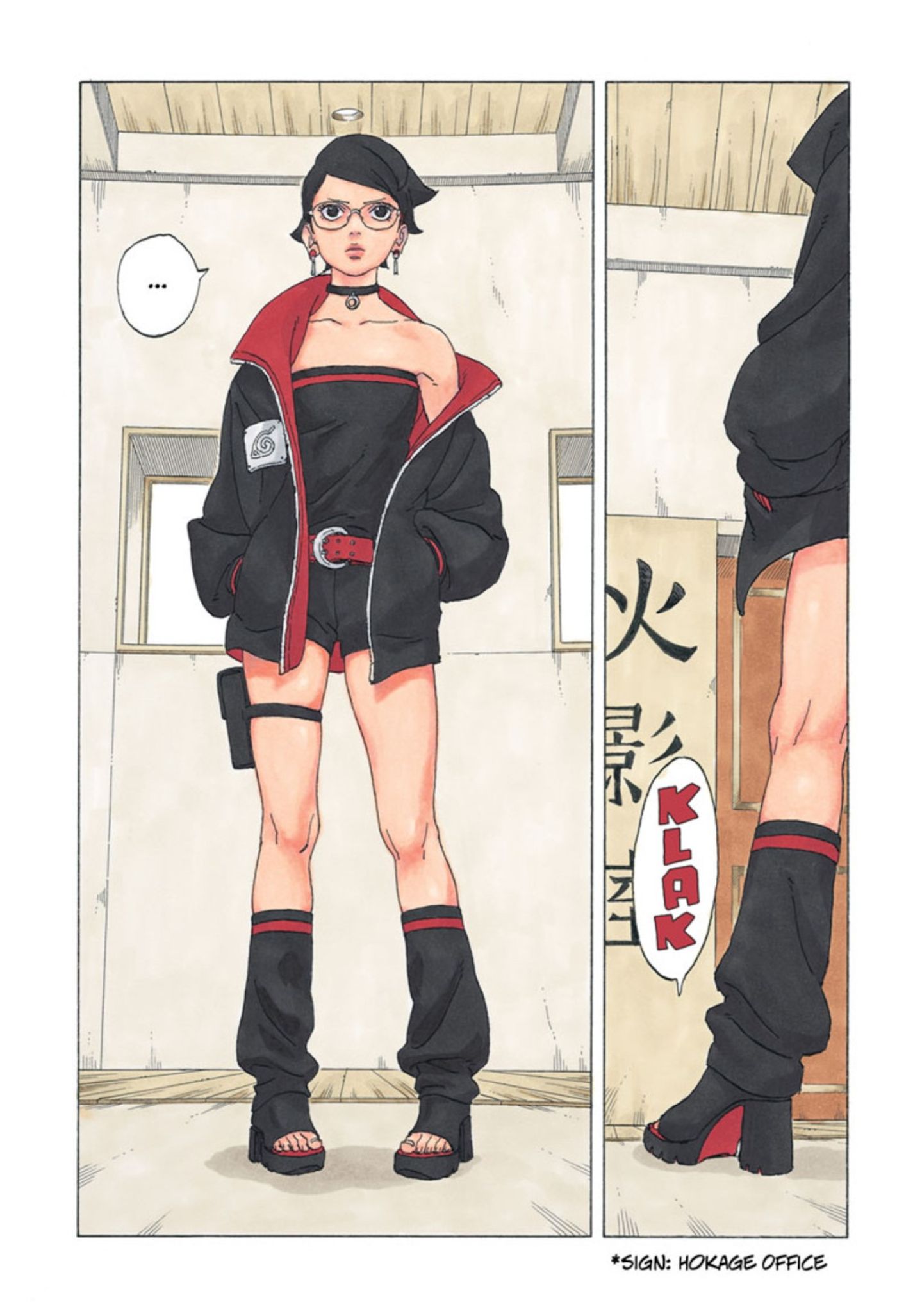 O painel colorido do mangá de Boruto Parte 2 mostra Sarada se aproximando do escritório do Hokage em sua nova roupa com salto alto, shorts curtos e uma grande jaqueta preta.