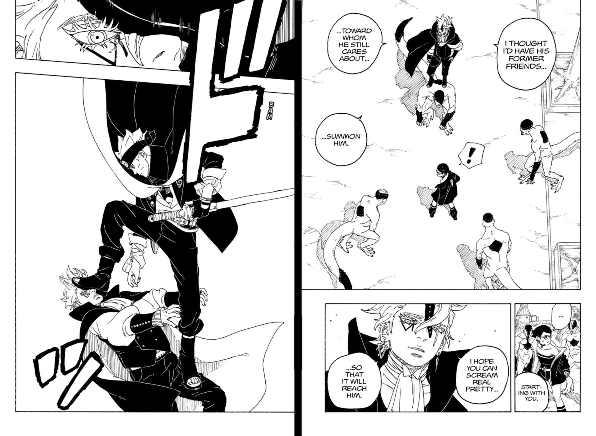 Manga panels from Boruto Two Blue Vortex show Code threatening Sarada before Boruto arrives with his foot on Code&rsquo;s face.