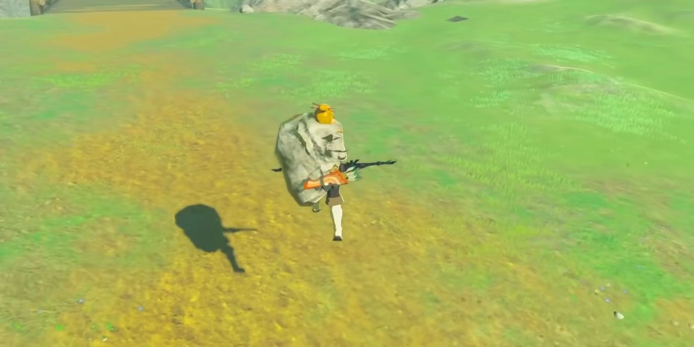 Link using Bow Lift Smuggling glitch in Zelda BOTW with giant boulder attached.