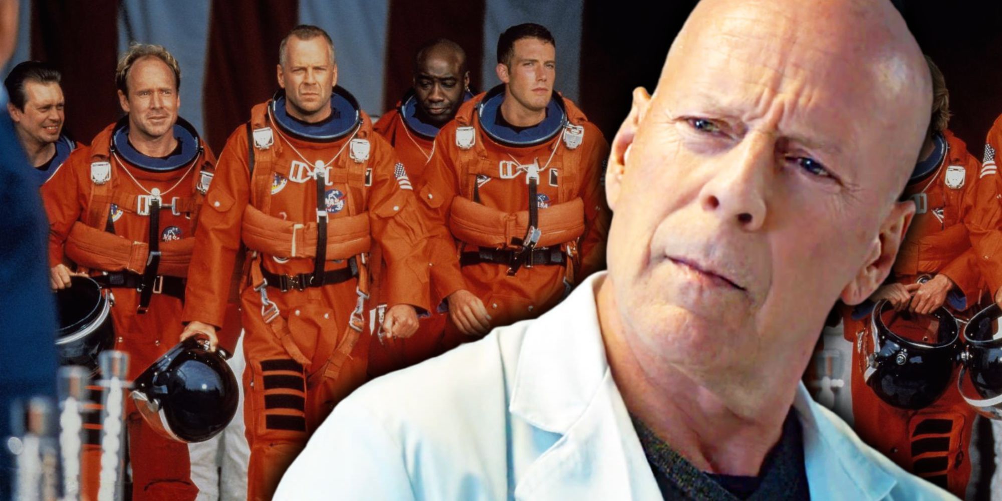 Bruce Willis in Armageddon and later in life looking unhappy