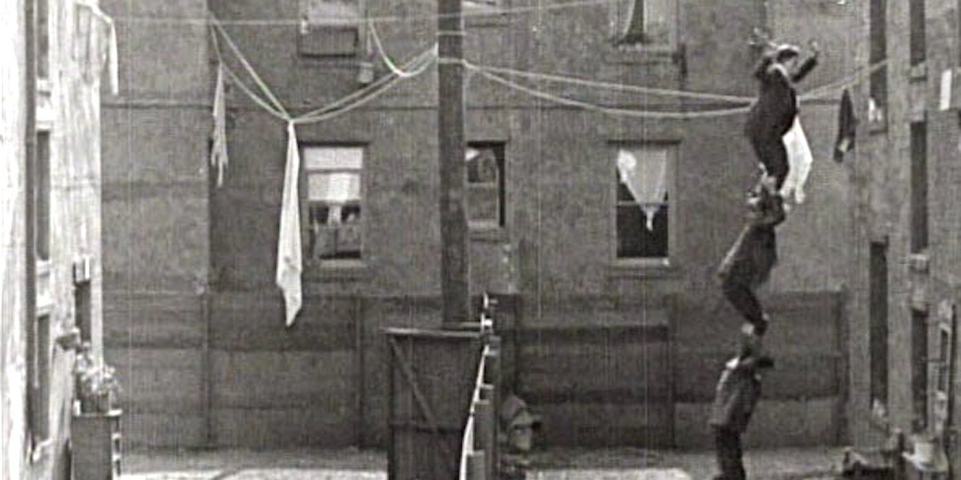 Buster Keaton and the Flying Escalantes doing a stunt in Neighbors