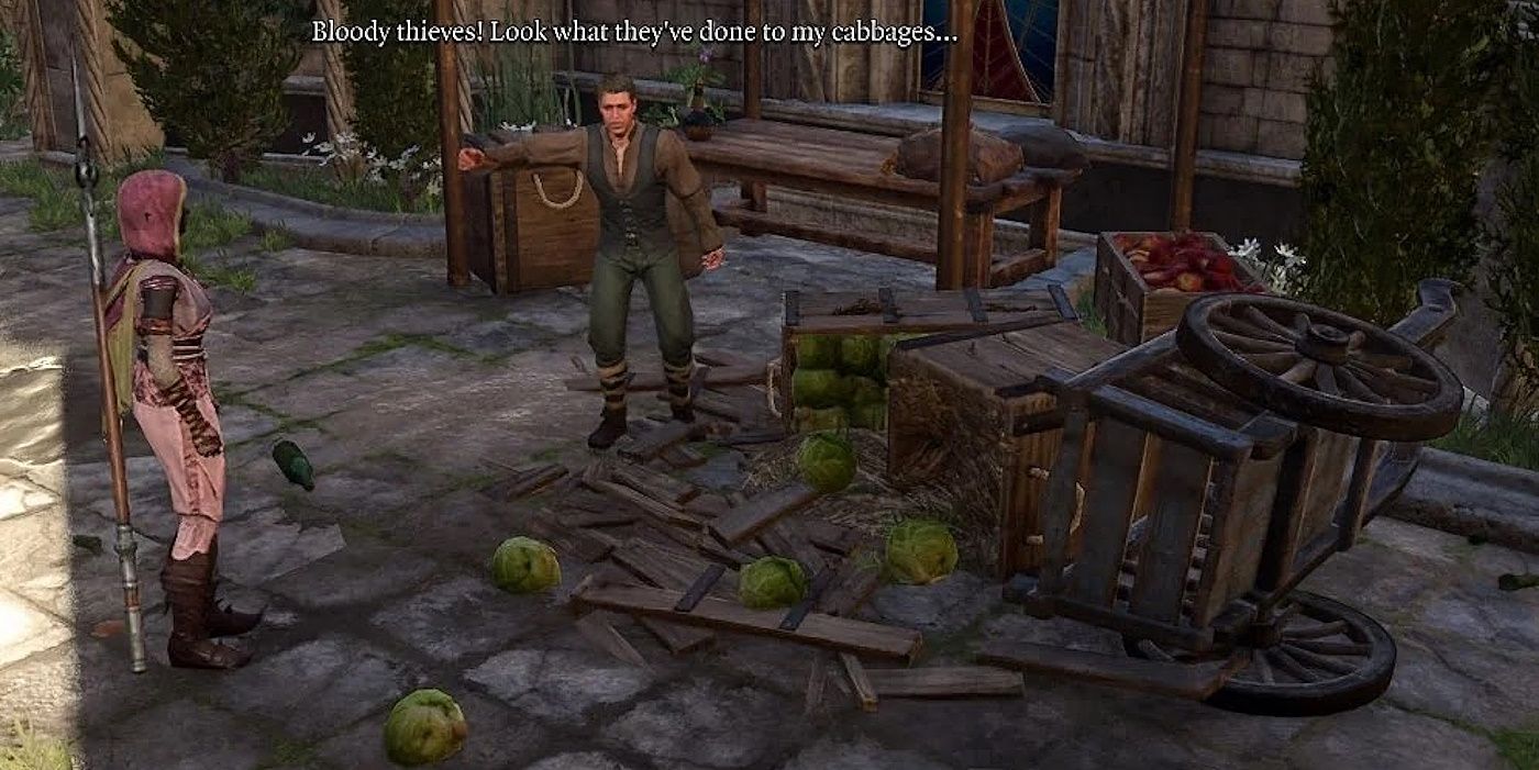 A cabbage seller stands next to his overturned cart with cabbages all over the floor in Baldur’s Gate 3.