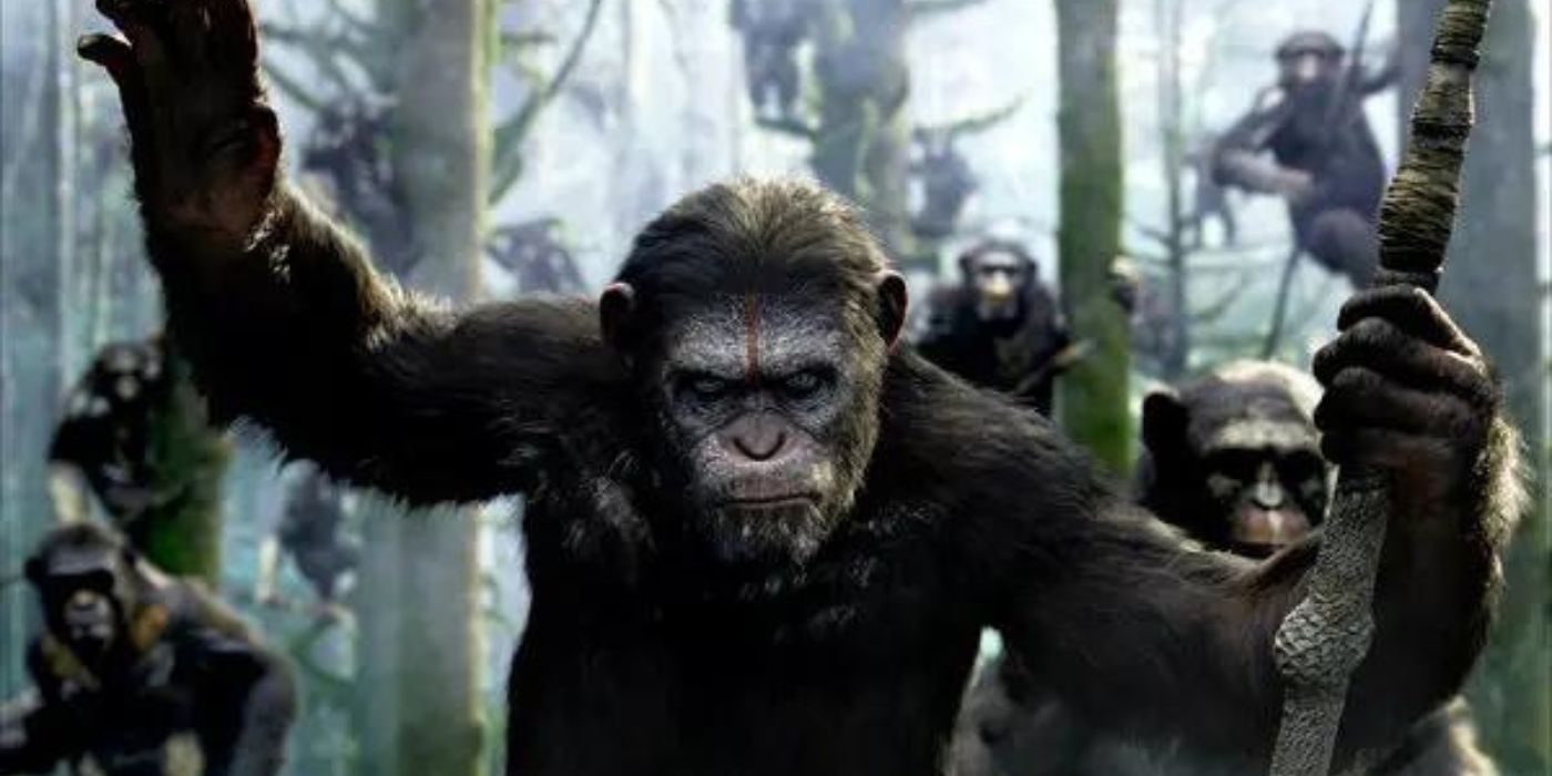 Caesar signaling other apes while looking into the camera in Dawn of the Planet of the Apes