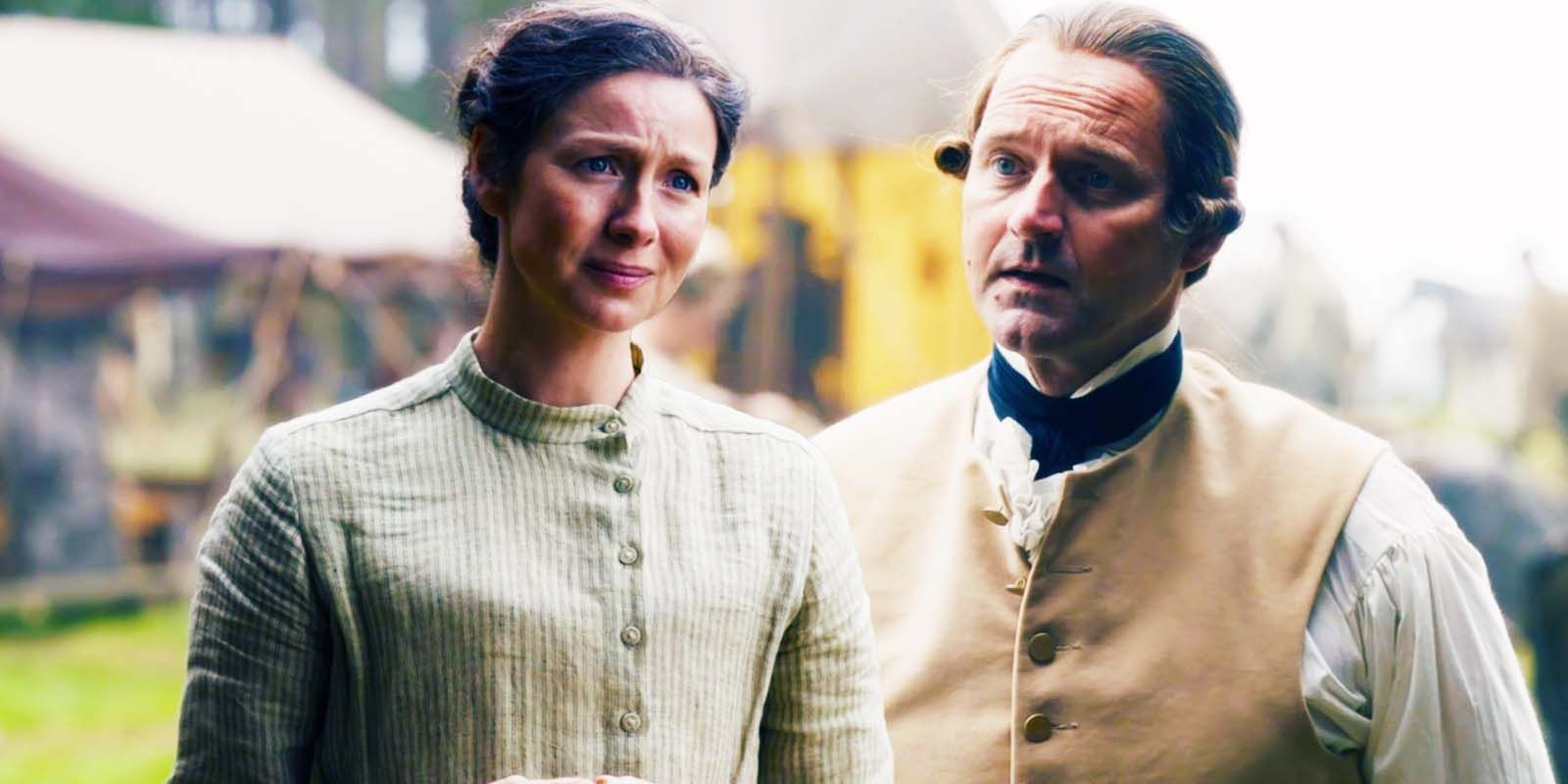 Caitríona Balfe as Claire Fraser and Rod Hallett as Major General Benedict Arnold in Outlander season 7 episode 8