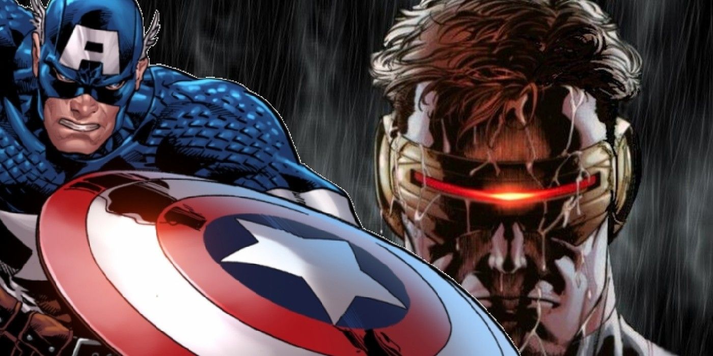 Captain America (left, foreground) and Cyclops (right, background) in the pouring rain.