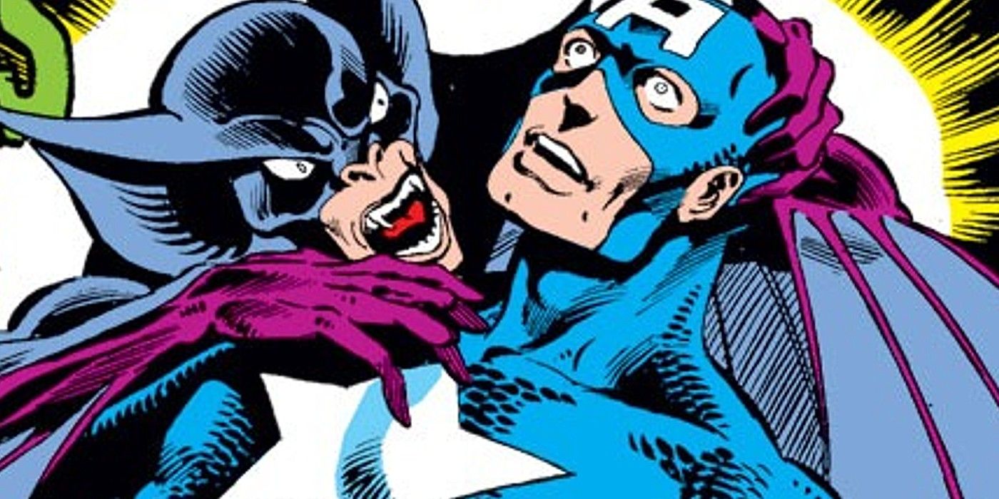Baron Blood grabs a shocked looking Captain America and goes to sink his fangs into the hero's neck.