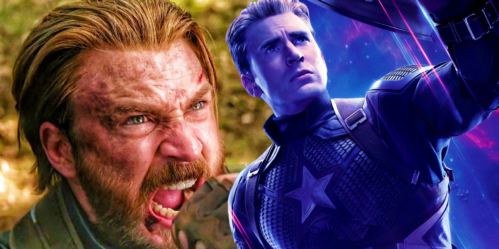 Captain America's Endgame poster next to Cap holding back Thanos' Gauntlet in Infinity War