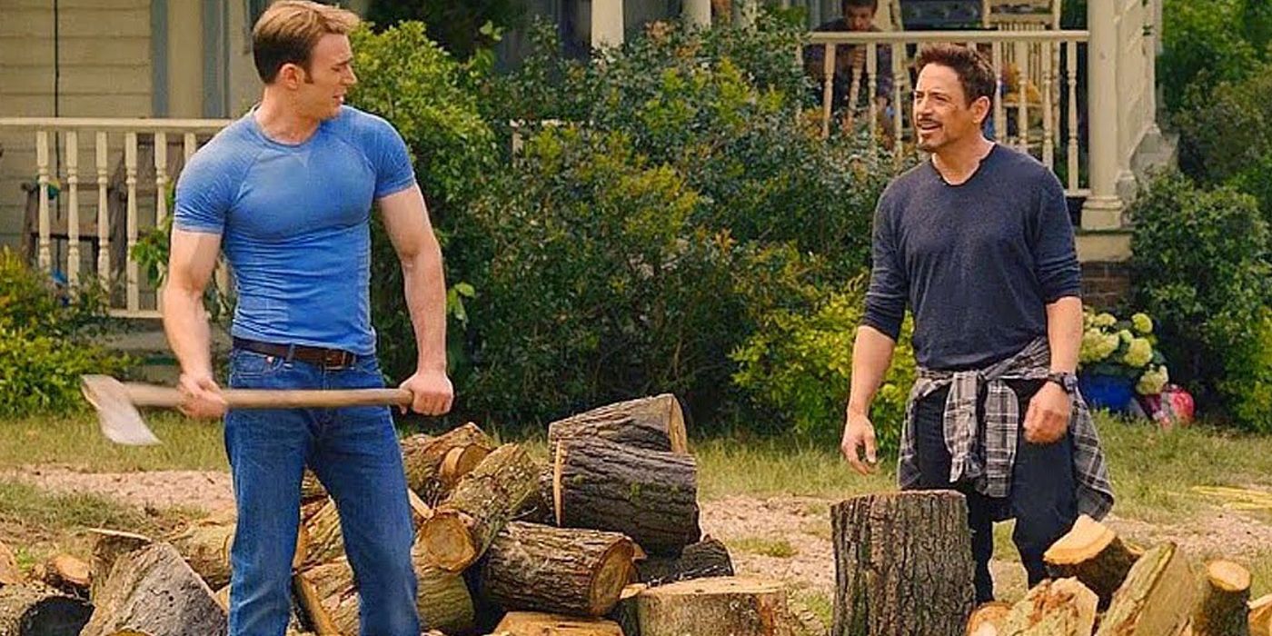 Captain America and Iron Man cutting logs in Avengers: Age of Ultron