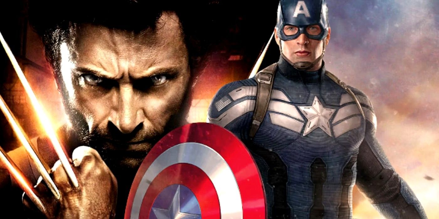 Hugh Jackman as Wolverine (left) with claws extended; Chris Evans as Captain America (right).