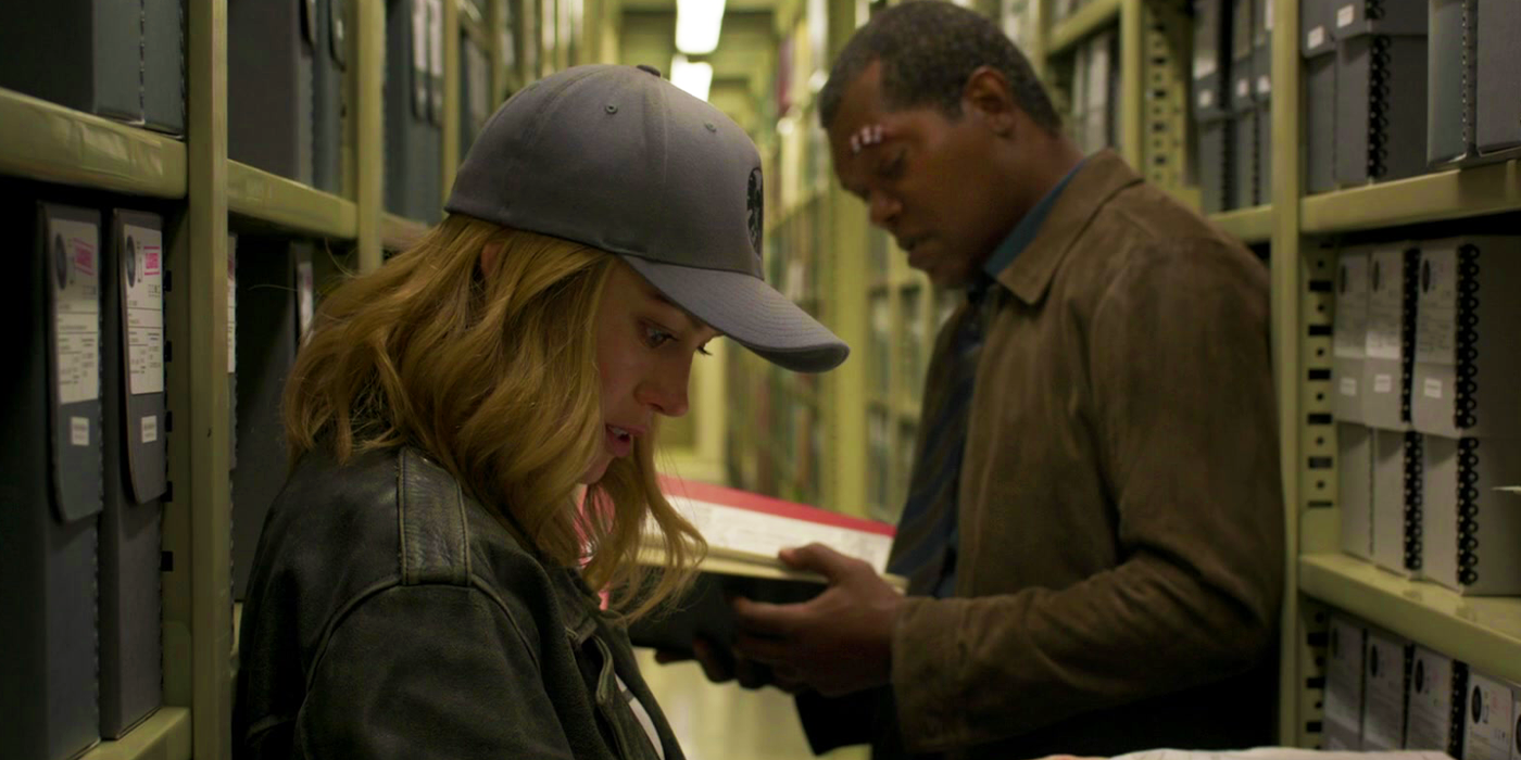 Carol Danvers and Nick Fury learning about her past in Captain Marvel