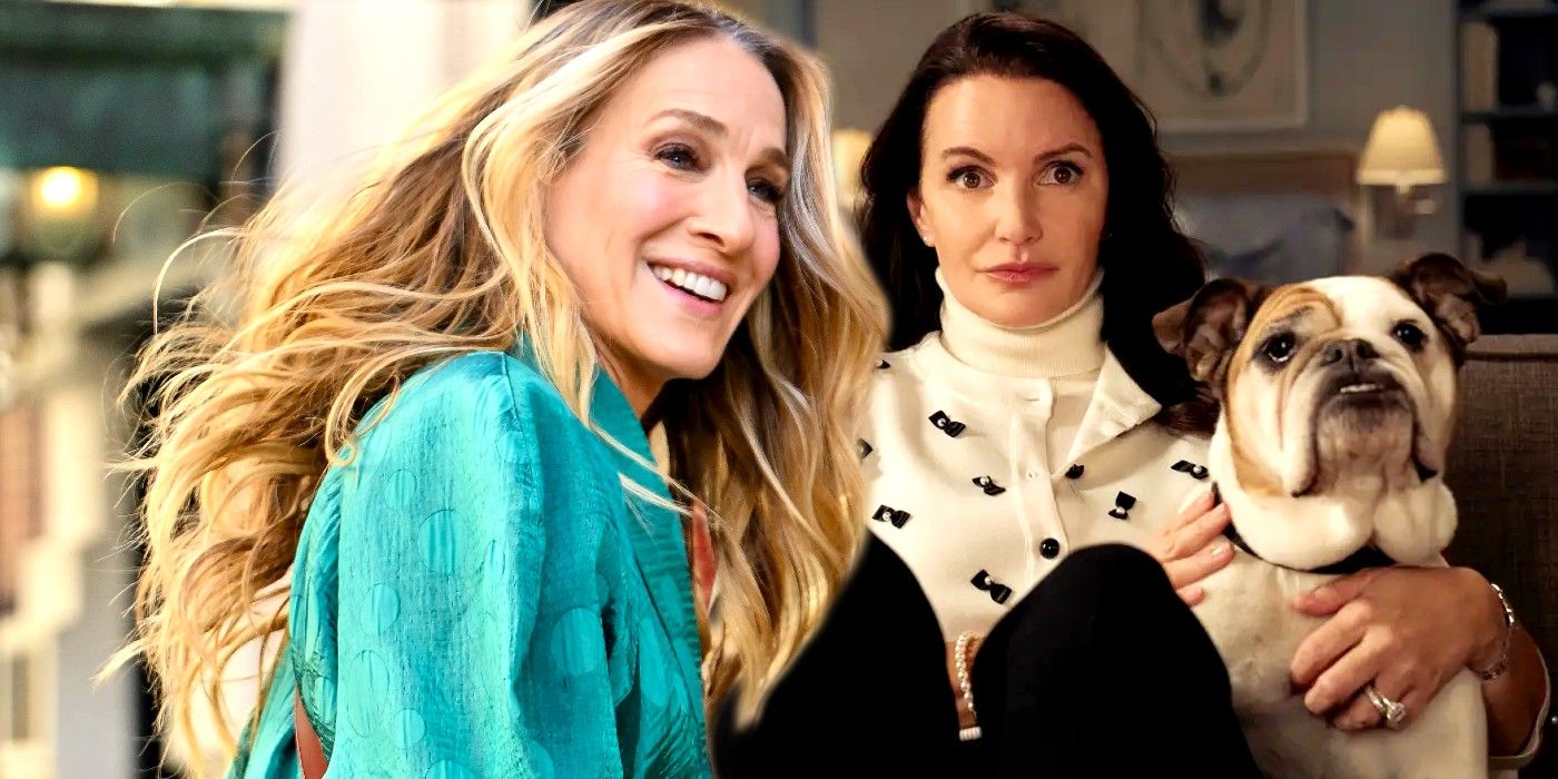 Carrie Bradshaw smiling and her friend with her dog in And Just Like that