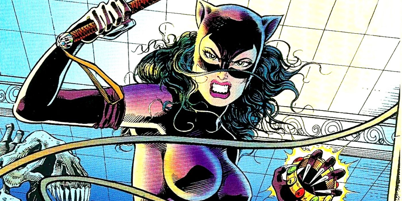 Catwoman in her 90s costume stealing a jeweled bracelet