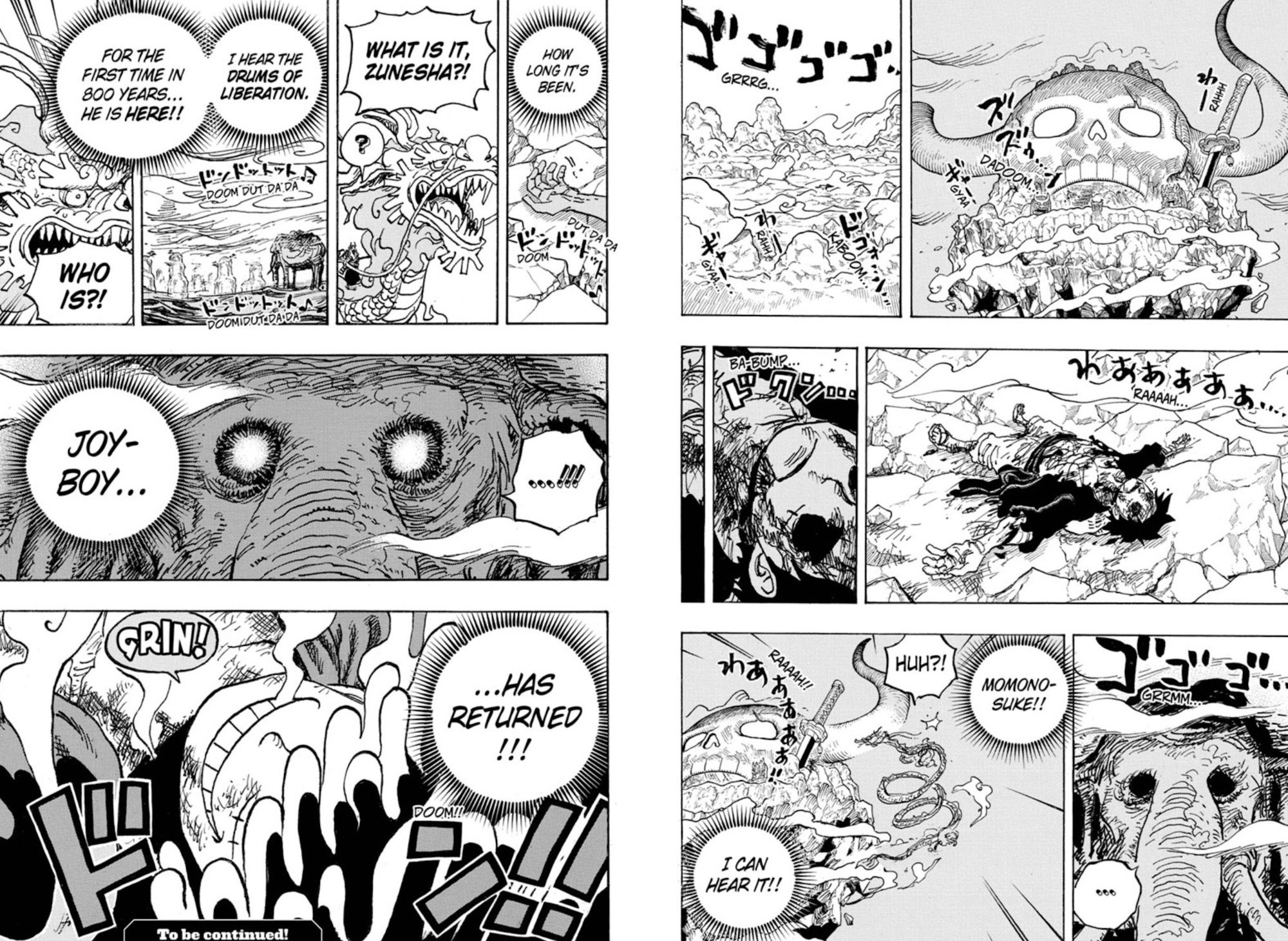 Manga panels from One Piece chapter 1043 show Luffy laying on the ground beaten, then Zunesha speaks to Momonosuke about hearing the Drums of Liberation and that Joy Boy has returned as Luffy smiles and begins to change into Gear 5th.