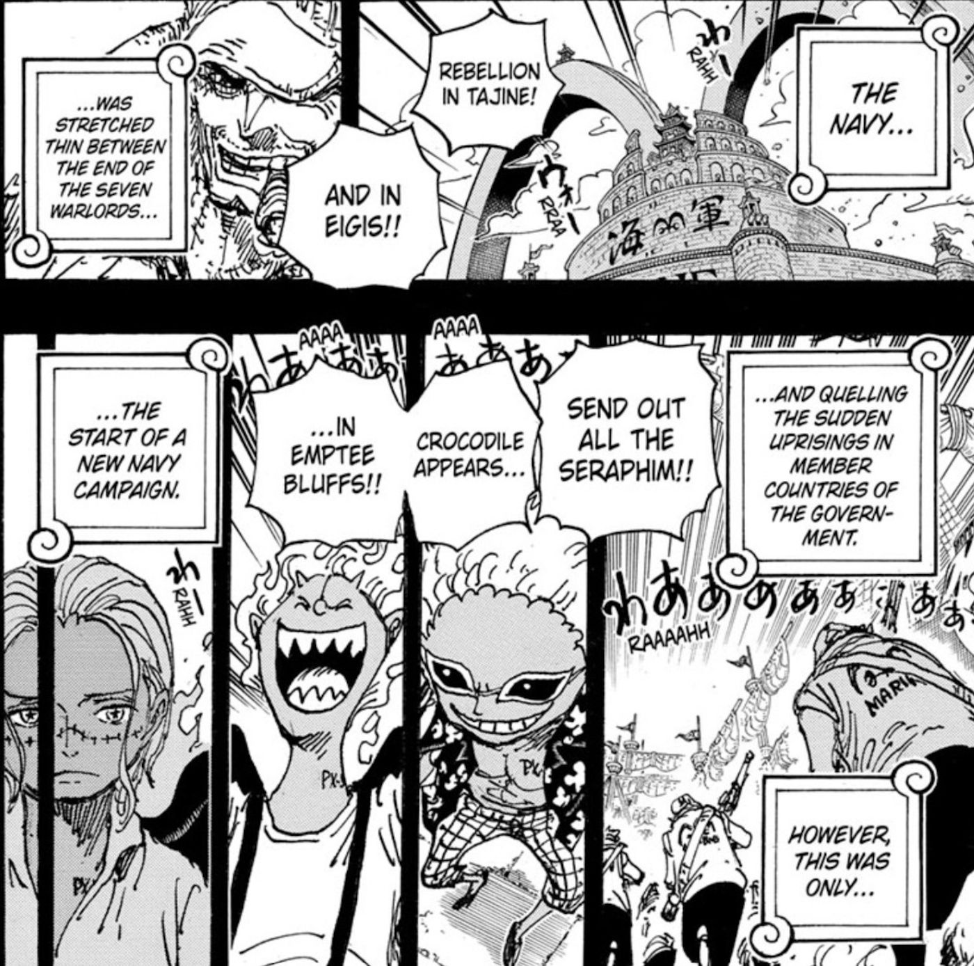 Manga panels from One Piece chapter 1086 show the Marine’s scambling to restore order and begin to send out the Seraphim. Panels show the Seraphim clones of Doflamingo, Moria, and Crocodile.