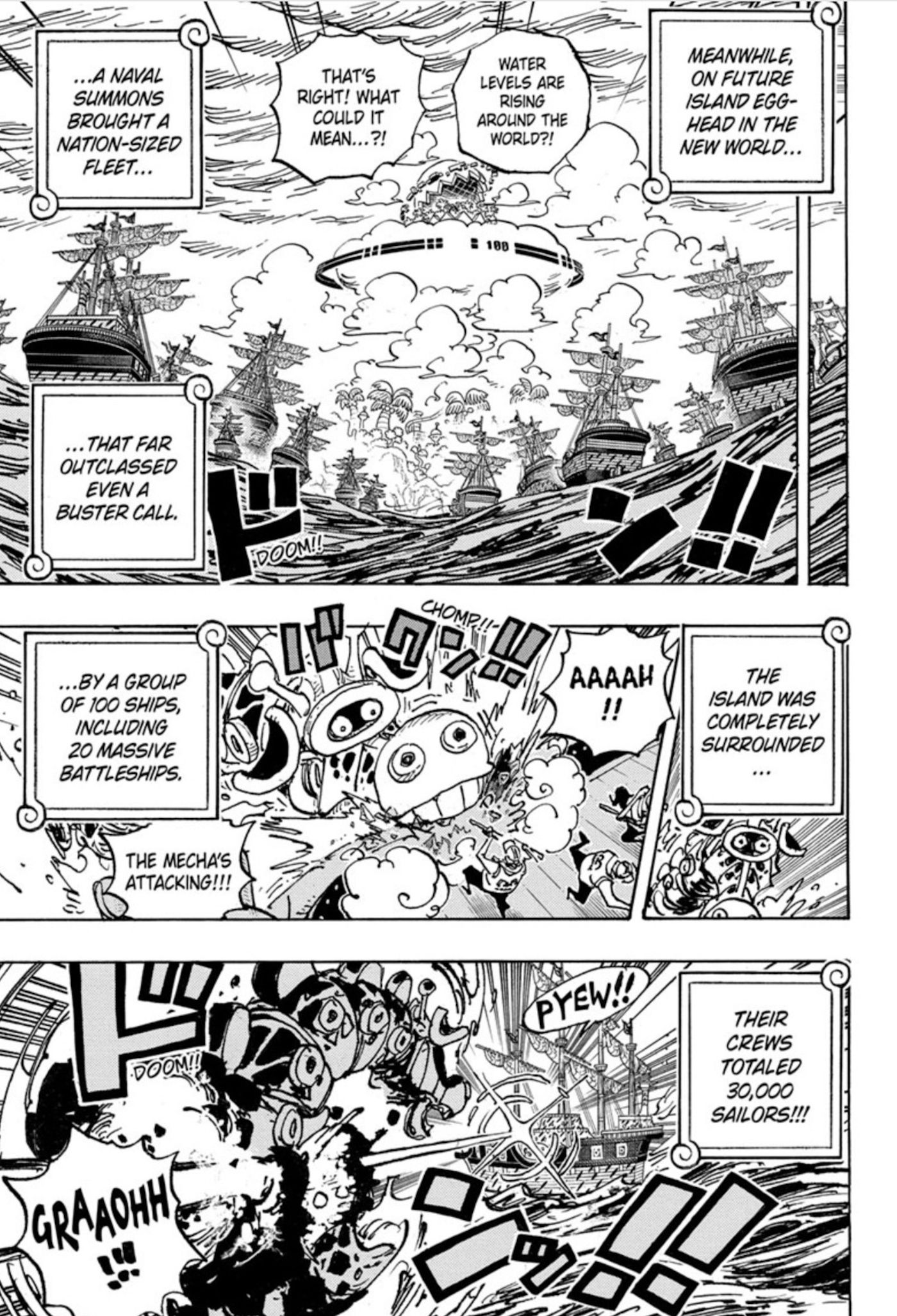 Manga panels from the One Piece manga chapter 1089 show Navy ships fighting with Egghead islands defenses while the narrator details how massive the Marine&rsquo;s forces are.