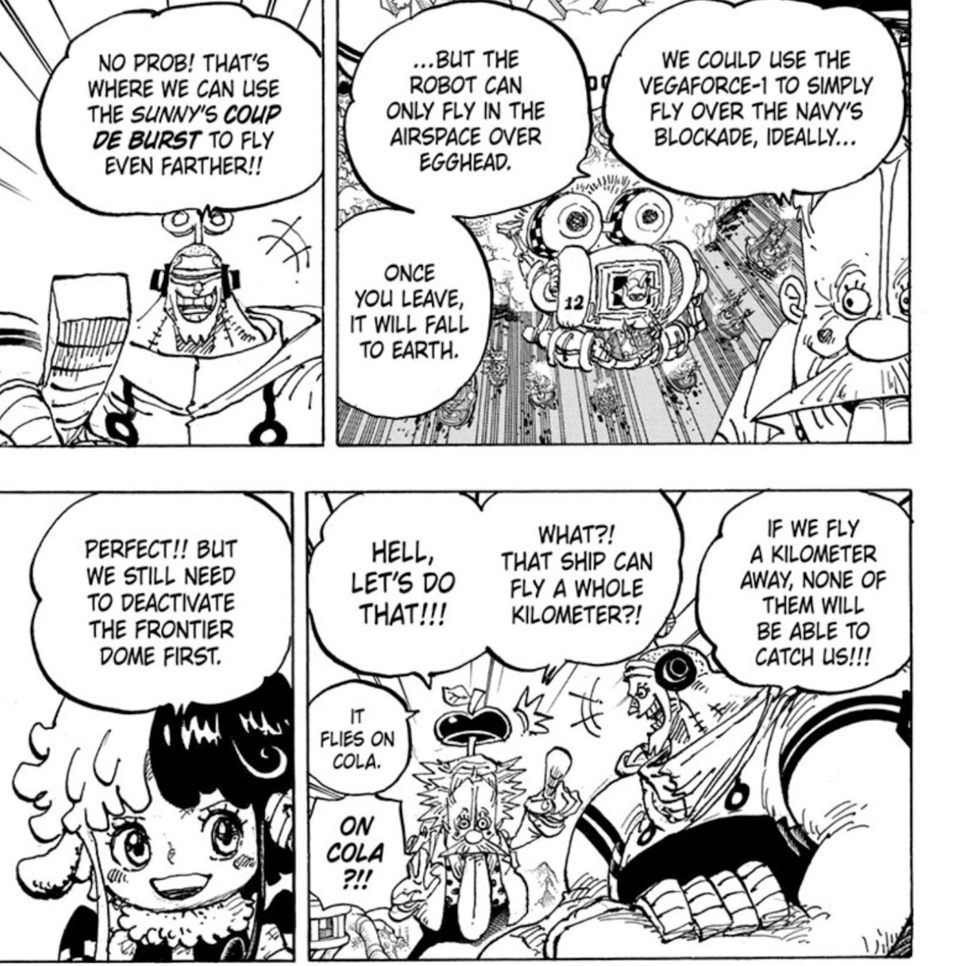 Manga panels from One Piece chapter 1090 show Vegapunk and Franky coming up with an escape plan together.