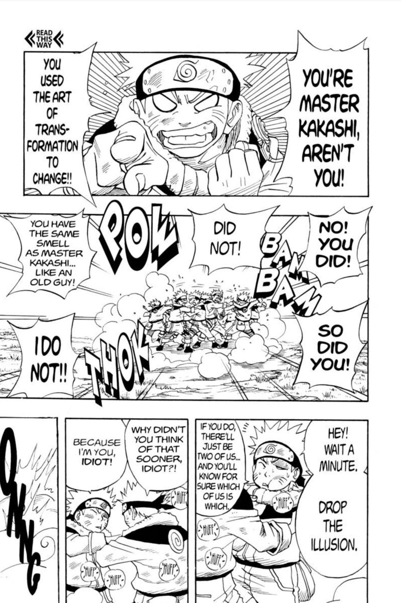 Manga panels from Chapter 6 of Naruto show Naruto fighting with his own Shadow Clones who hit each other and don’t disappear.