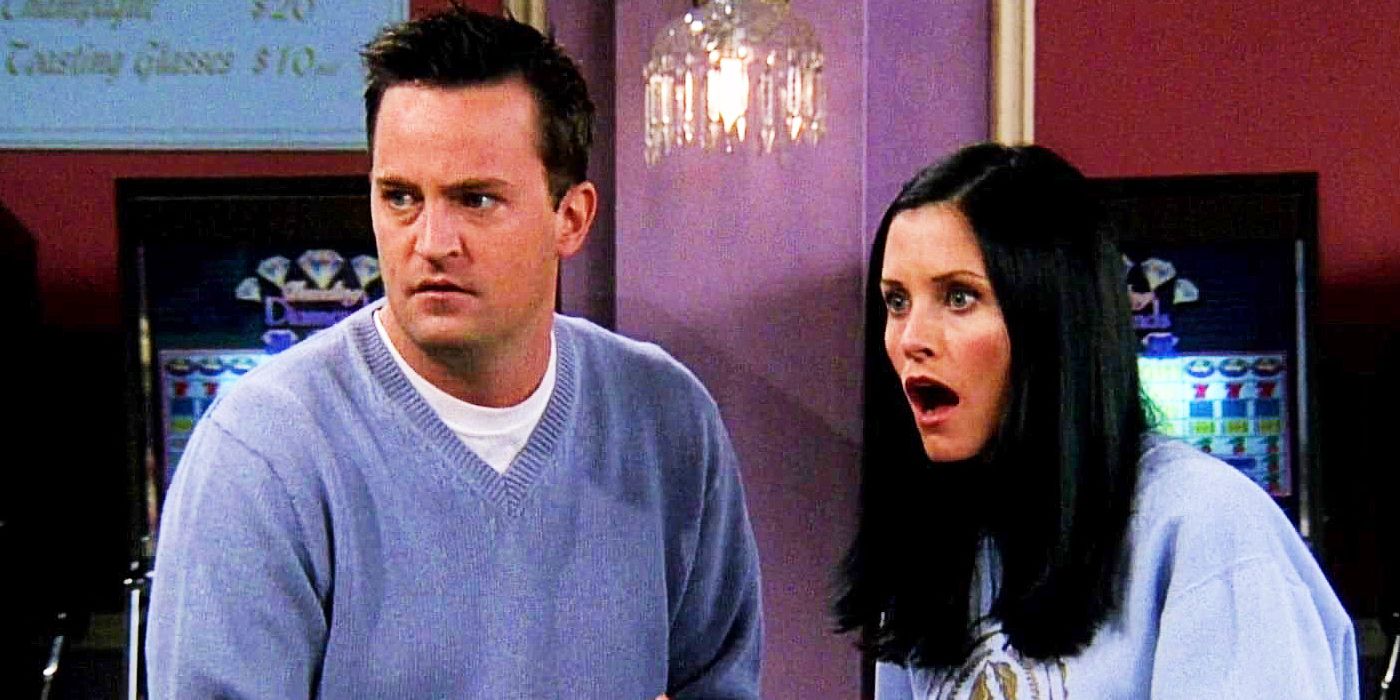 Chandler and Monica look shoicked in Friends