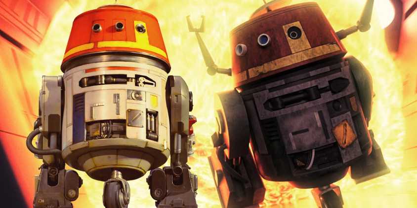 Chopper facing forward to the left next to Chopper looking panicked to the right with fire behind him
