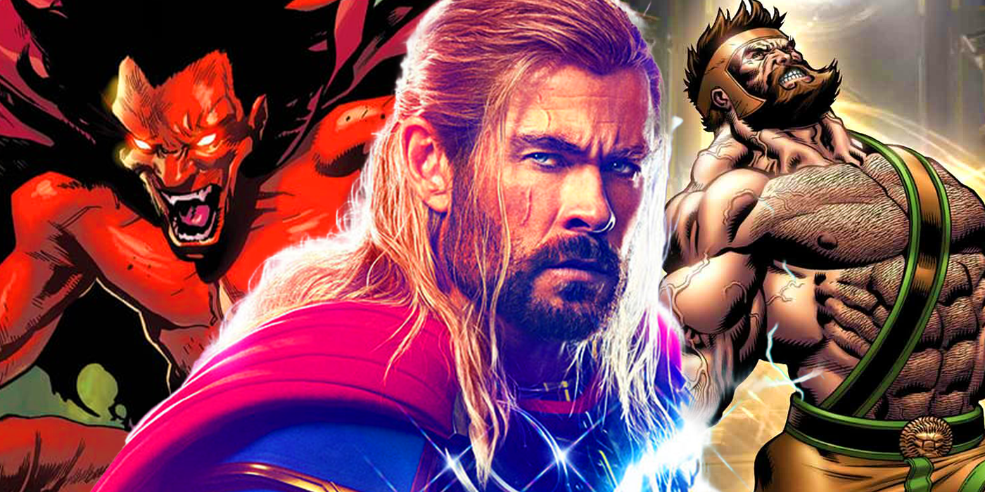 Chris Hemsworth as Thor in the MCU with Mephisto and Hercules in Marvel Comics