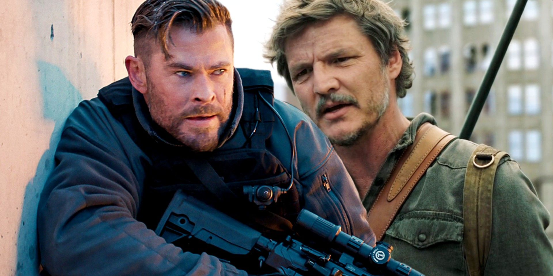 Chris Hemsworth as Tyler holding his gun in Extraction 2 and Pedro Pascal as Joel in The Last of Us