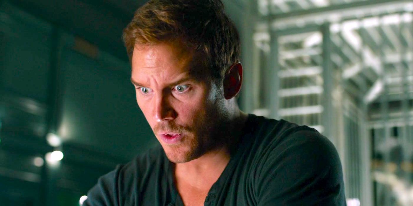 Chris Pratt as Owen Grady is looking shocked in Jurassic World Fallen Kingdom.