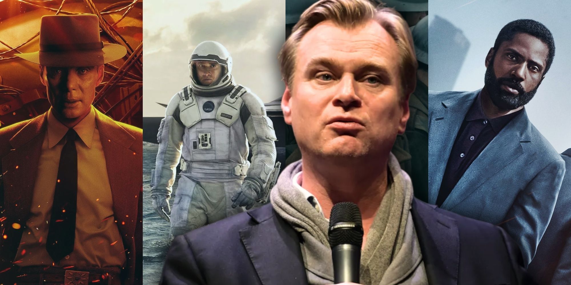 Christopher Nolan in front of posters for his movies