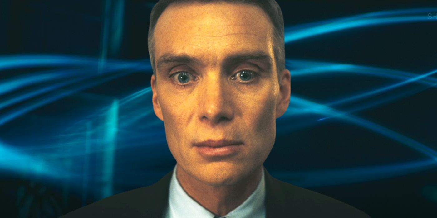 Imagen personalizada de Cillian Murphy como Oppenheimer yuxtapuesta con una representación del reino cuántico.