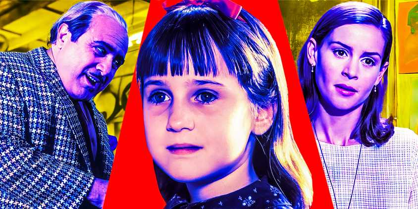 Collage of Danny DeVito, Mara Wilson, and Embedth Davidtz in Matilda