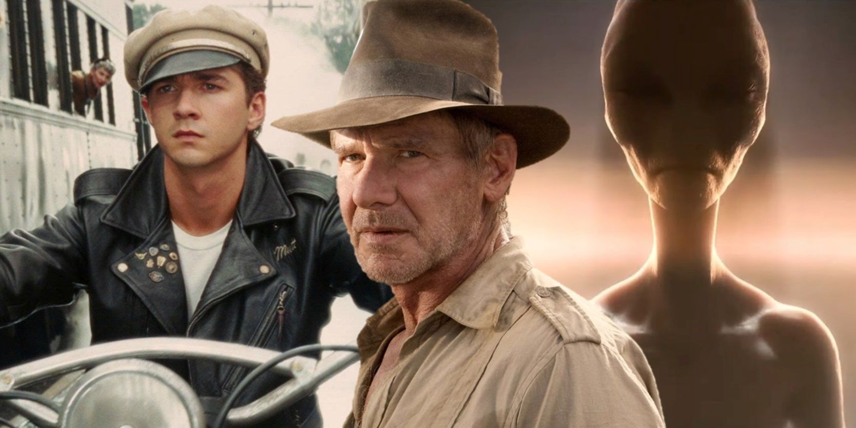 Collage of Shia LaBeouf, Harrison Ford, and an alien in Indiana Jones and the Kingdom of the Crystal Skull