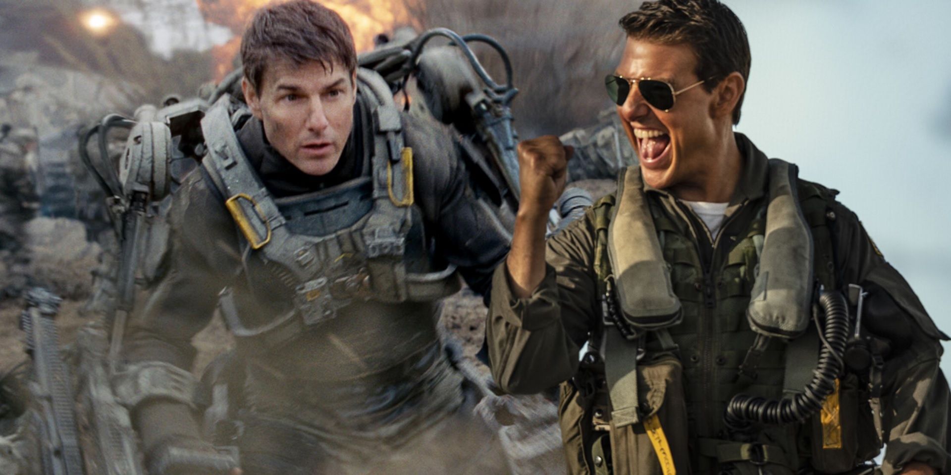 Collage of Tom Cruise in Edge of Tomorrow and Top Gun Maverick