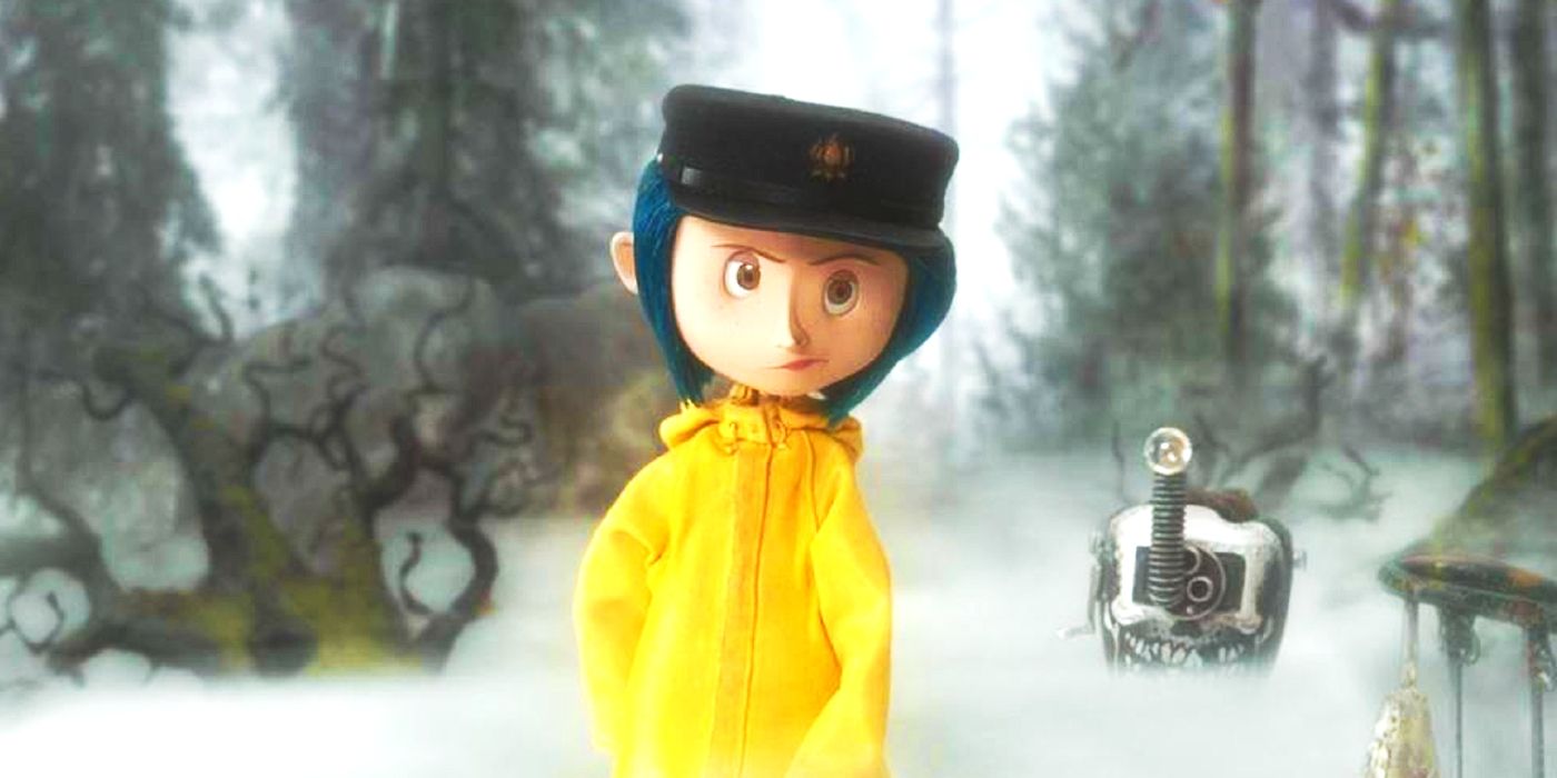 Coraline standing in a misty forest.