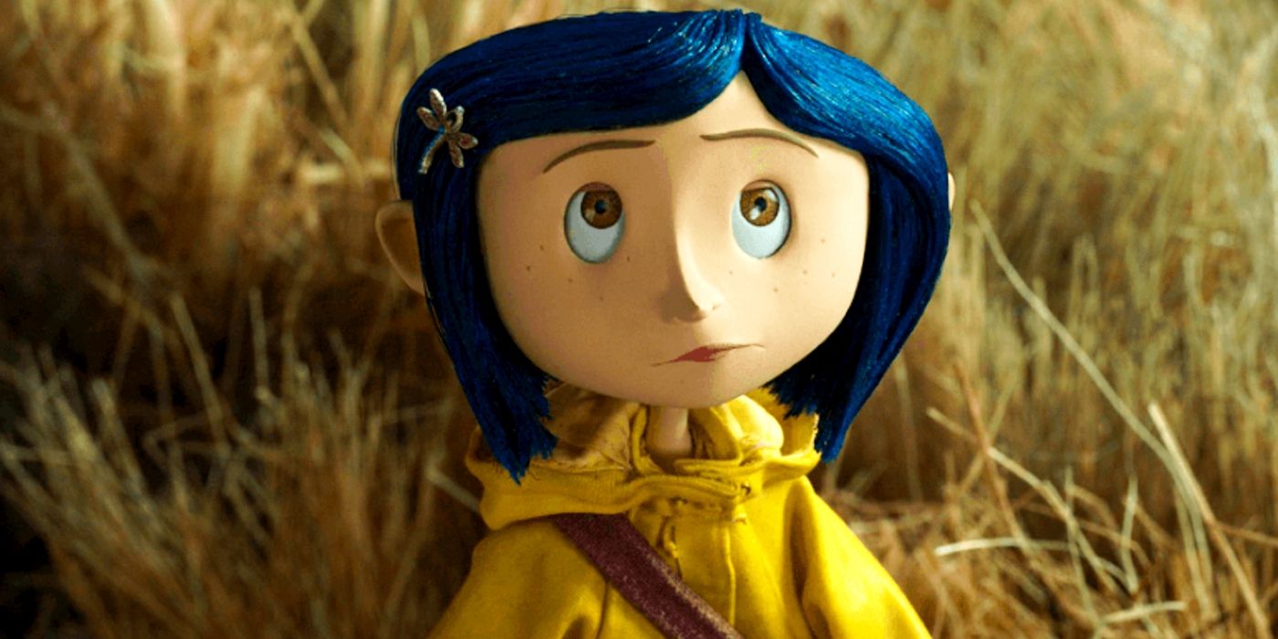 Coraline wearing a yellow raincoat in a field.