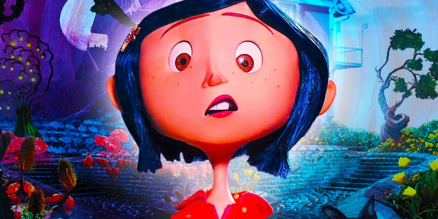 Coraline in the 2009 movie with her house behind her