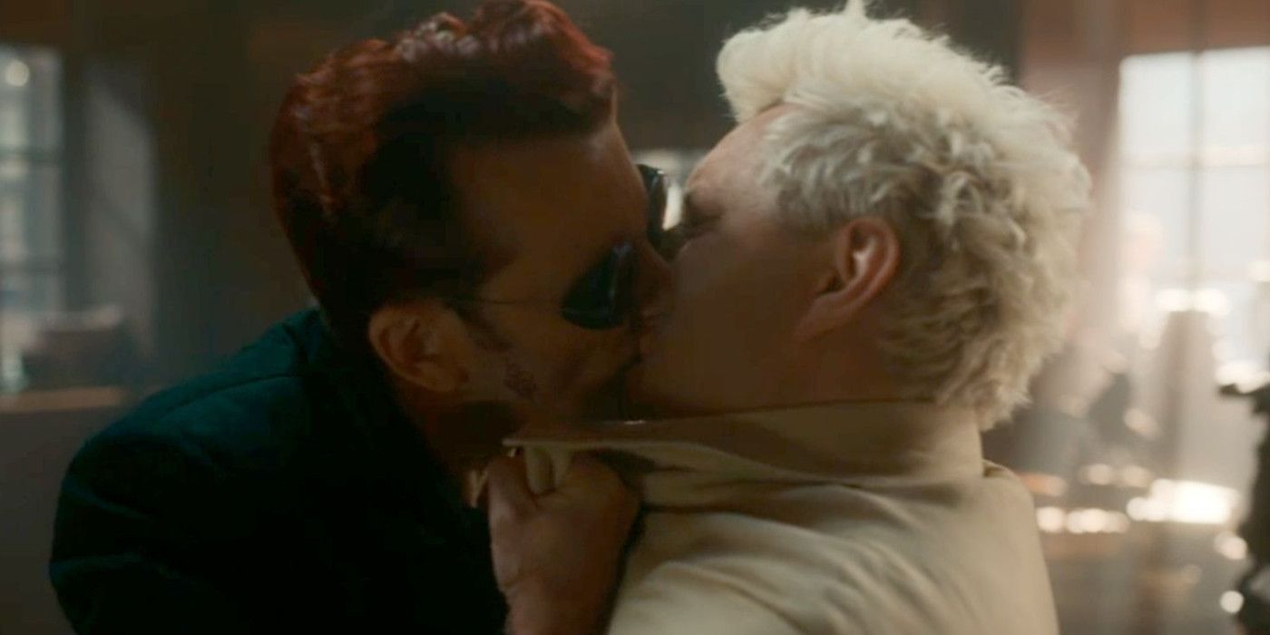 Crowley and Aziraphale kiss in season 2 of Good Omens