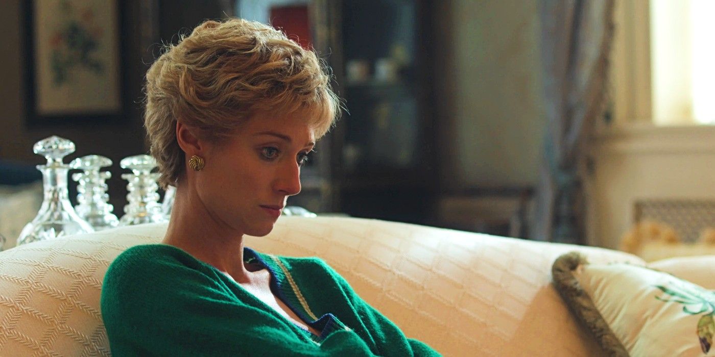The Crown season 6 Elizabeth Debicki as Princess Diana sitting on a couch in a green sweater