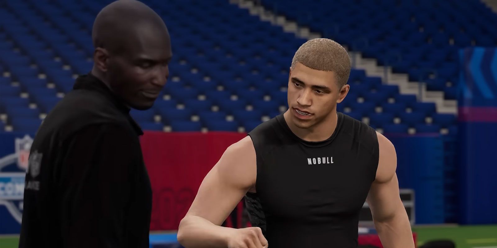 A custom made character talking with his coach in Madden 24 Superstar mode.