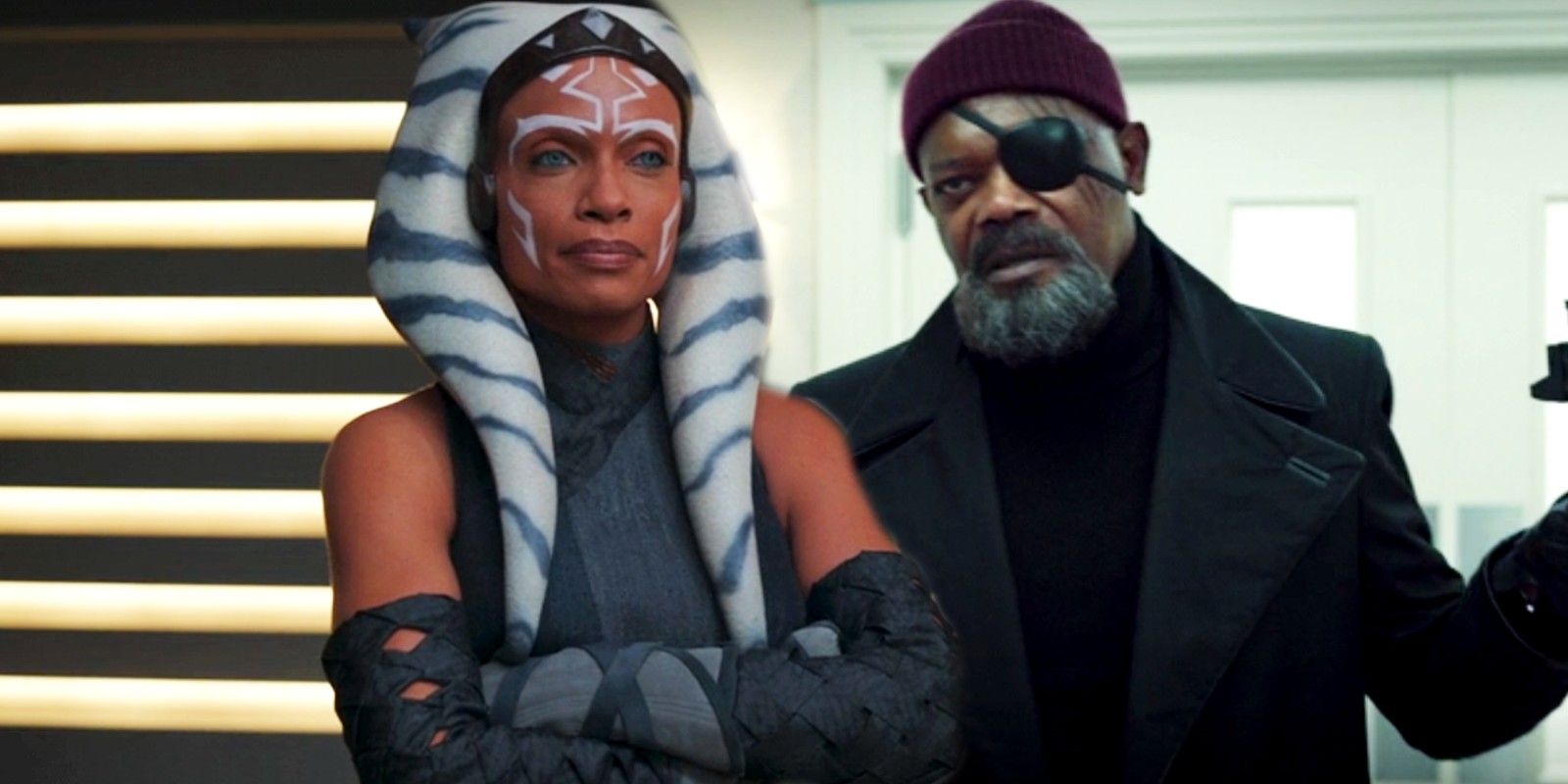 Custom image Ahsoka folding her arms while Nick Fury keeps his hands up in Secret Invasion