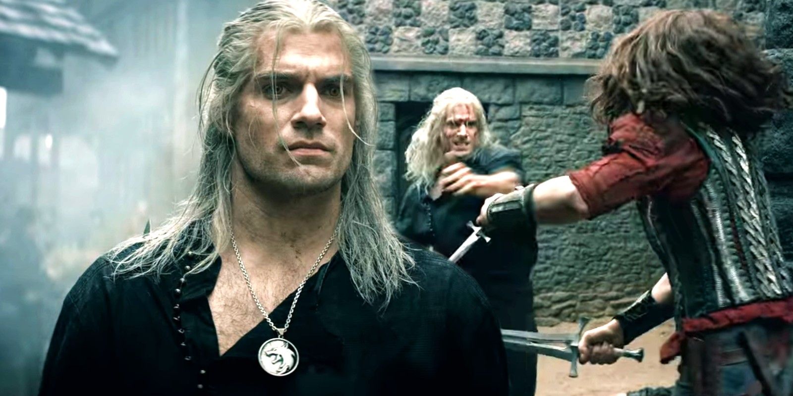 Immagine personalizzata di Geralt nella prima stagione che combatte con una combattente donna