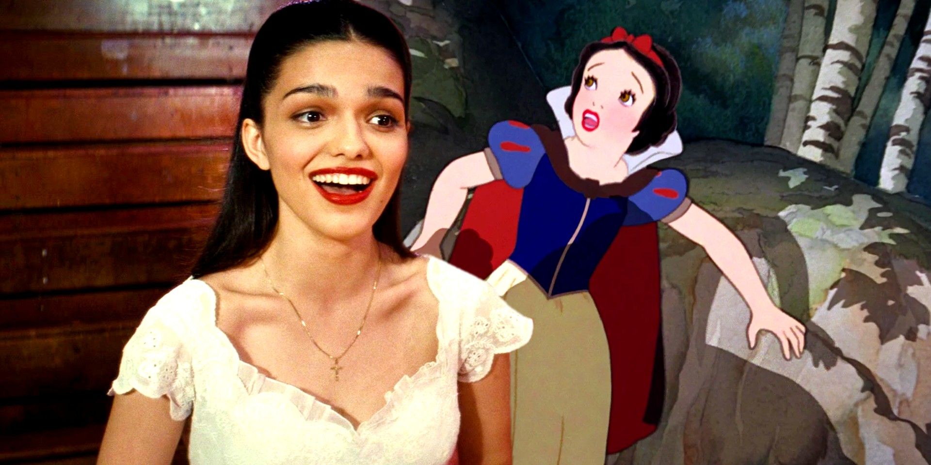 Custom image of Rachel Zegler as Maria in West Side Story and Snow White terrified in Snow White and the Seven Dwarves