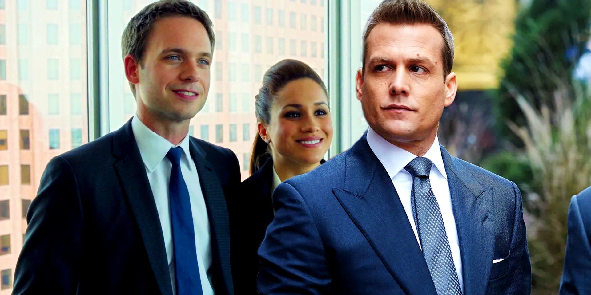 Custon image of Mike and Rachel together and Harvey looking to the side in Suits