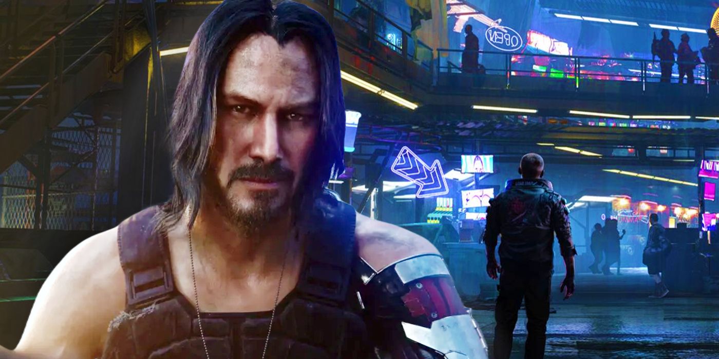 Cyberpunk 2077's Johnny Silverhand looking into the camera on the left side, and V walking in Dogtown on the right.