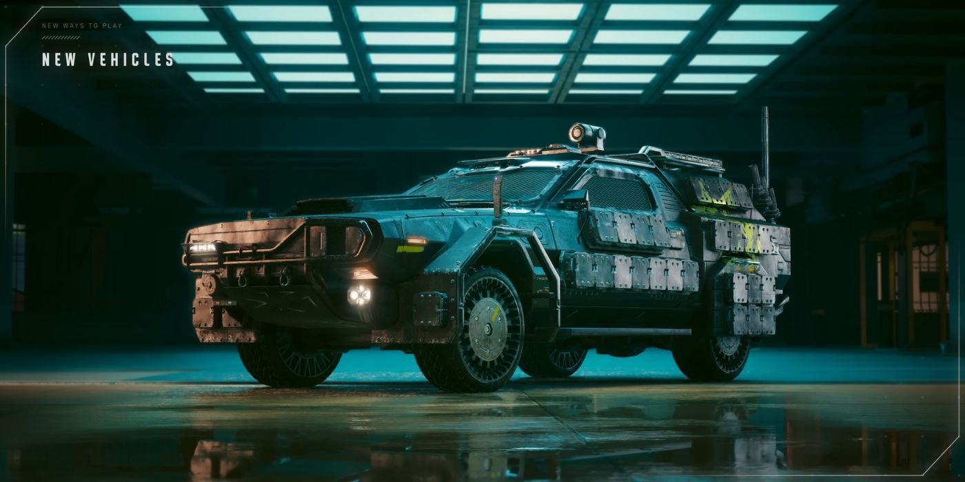 A large, four-wheeled vehicle with heavy modifications and an armored exterior in Cyberpunk 2077 Phantom Liberty.